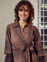 Women Brown Snake Print Front Tie Shirt Dress