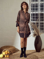 Women Brown Snake Print Front Tie Shirt Dress