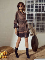 Women Brown Snake Print Front Tie Shirt Dress