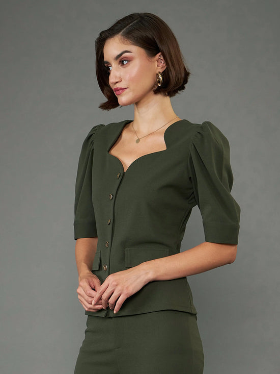 Women Olive Puff Sleeves Top