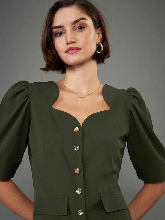 Women Olive Puff Sleeves Top