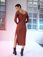 Women Rust Rib Sweetheart Neck Midi Dress