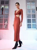 Women Rust Rib Waist Cut Out Maxi Dress