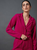 Women Pink Notch Collar Crop Blazer With Palazzo Pants