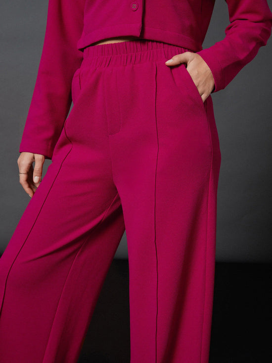 Women Pink Notch Collar Crop Blazer With Palazzo Pants