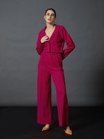 Women Pink Notch Collar Crop Blazer With Palazzo Pants