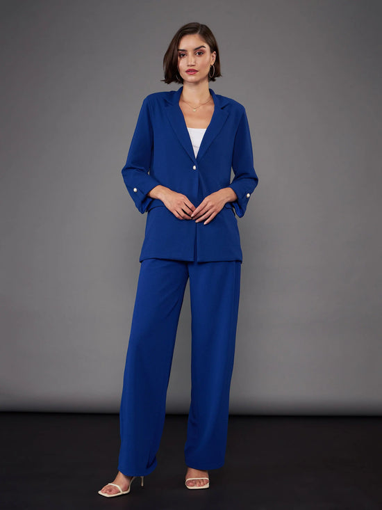 Women Royal Blue Front Button Blazer With Pleated Pants