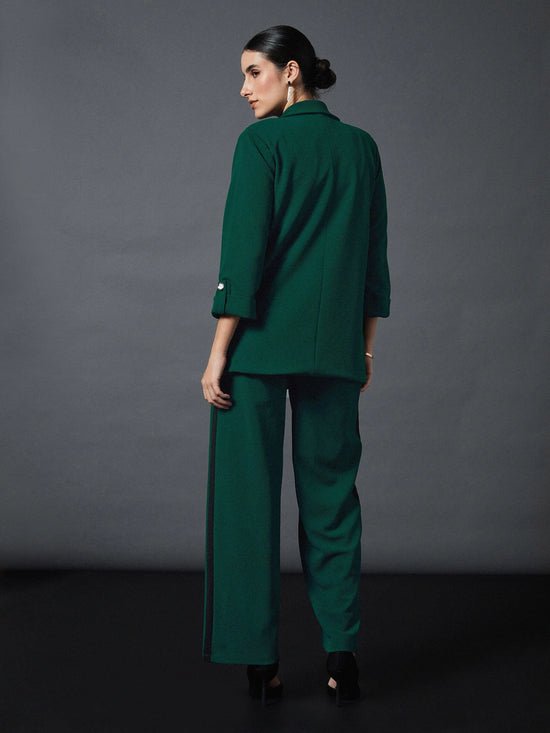 Women Emerald Front Button Blazer With Straight Pants