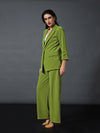 Women Olive Front Button Blazer With Palazzo Pants