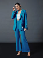 Women Turquoise Slim Fit Blazer With Bellbottom Pants