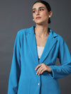 Women Turquoise Slim Fit Blazer With Bellbottom Pants