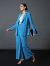 Women Turquoise Slim Fit Blazer With Bellbottom Pants