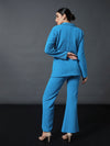 Women Turquoise Slim Fit Blazer With Bellbottom Pants