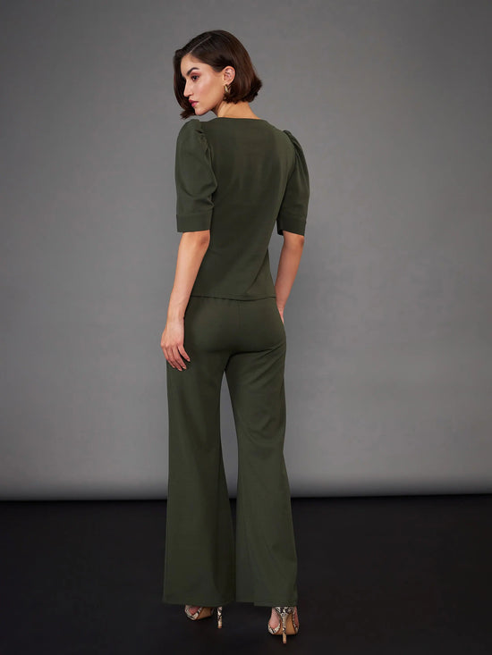 Women Olive Puff Sleeves Top With Bell Bottom Pants