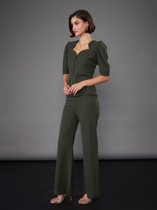 Women Olive Puff Sleeves Top With Bell Bottom Pants