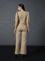 Women Brown Puff Sleeves Top With Bell Bottom Pants