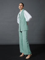 Women Blue Sleeveless Blazer With Darted Palazzo Pants