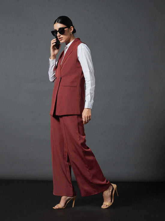 Women Rust Sleeveless Blazer With Darted Palazzo Pants