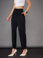 Women Black Front Pleated Tapered Pants