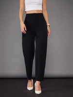 Women Black Front Pleated Tapered Pants