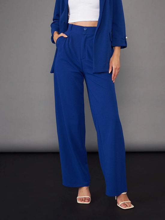 Women Royal Blue Pleated Straight Pants