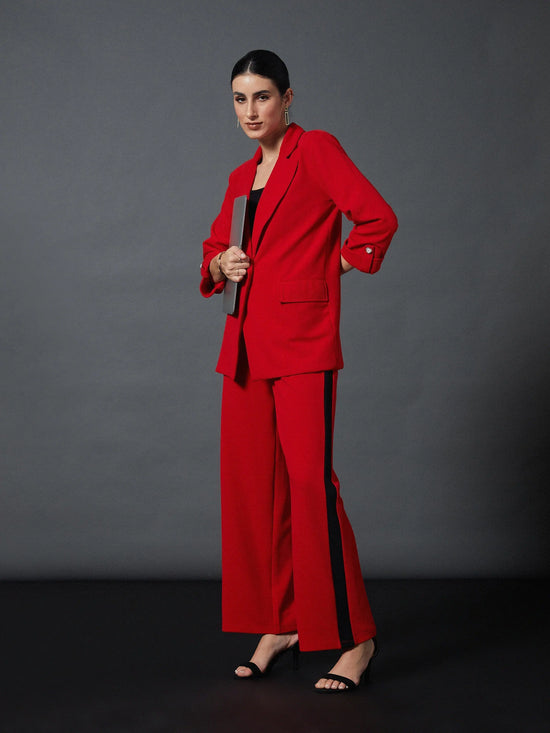 Women Red Side Tape Straight Pants