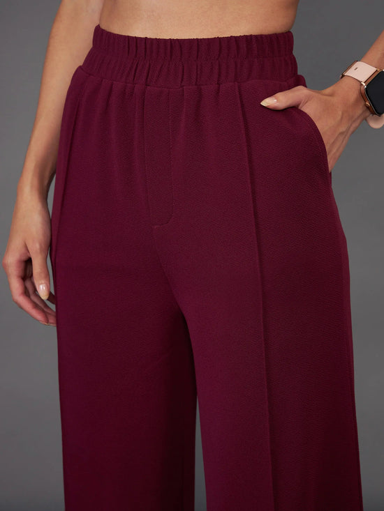 Women Burgundy Front Darted Palazzo Pants