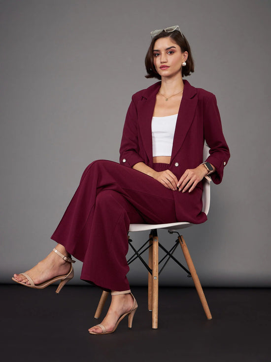 Women Burgundy Front Darted Palazzo Pants