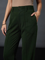 Women Olive Front Darted Strechable Pants