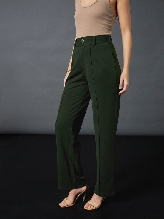 Women Olive Front Darted Strechable Pants