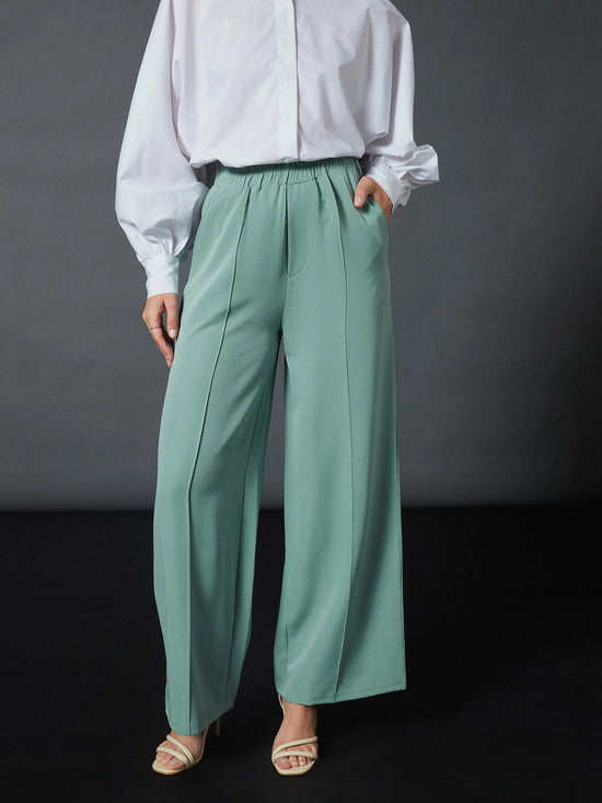 Women Blue Front Darted Palazzo Pants