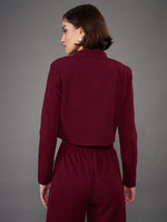 Women Burgundy Notch Collar Crop Blazer