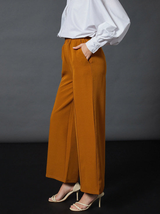 Women Mustard Front Darted Palazzo Pants