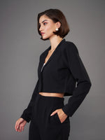 Women Black Notch Collar Crop Blazer