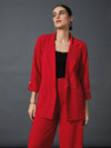 Women Red Front Button Blazer