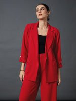 Women Red Front Button Blazer