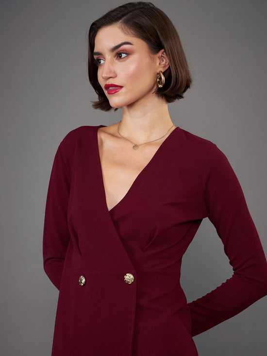 Women Burgundy Blazer Midi Dress