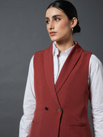 Women Rust Double-Breast Sleeveless Longline Blazer