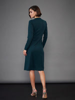 Women Green Button Yoke Belted Midi Dress