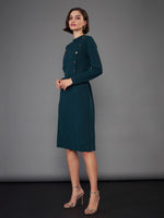 Women Green Button Yoke Belted Midi Dress