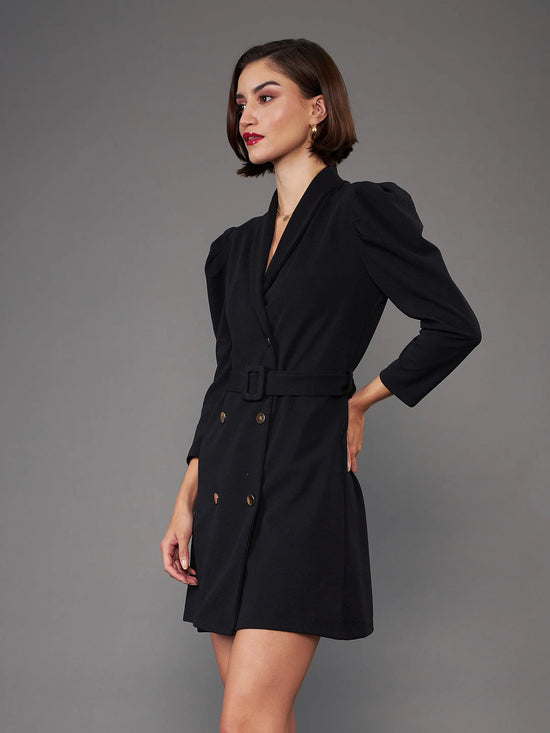 Women Black Puff Sleeves Blazer Dress