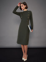 Women Olive Button Yoke Belted Midi Dress