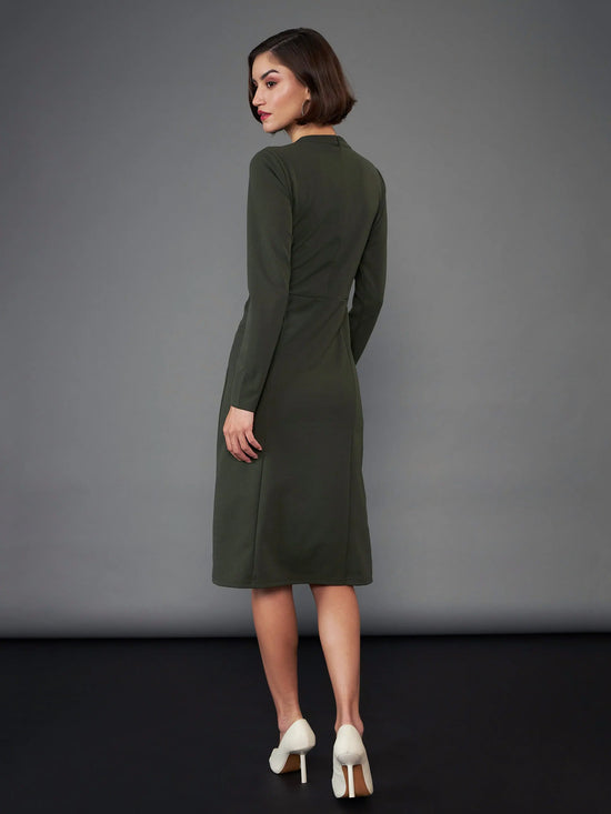 Women Olive Button Yoke Belted Midi Dress