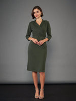 Women Olive Front Wrap Bodycon Midi Dress