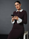 Women Burgundy Contrast Collar Bodycon Dress