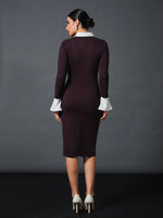 Women Burgundy Contrast Collar Bodycon Dress