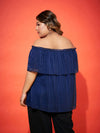 Women Navy Lurex Frill Bardot Top