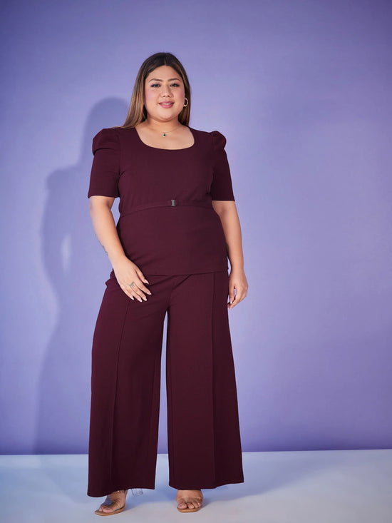 Women Burgundy Belted Top With Bell Bottom Pants