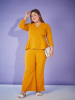 Women Mustard Chain Peplum Top With Bell Bottom Pants