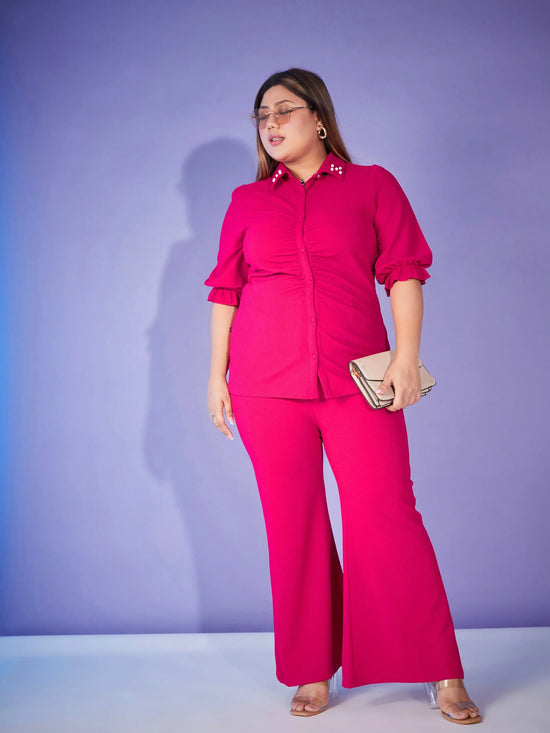 Women Fuchsia Ruched Pearl Shirt With Straight Pants